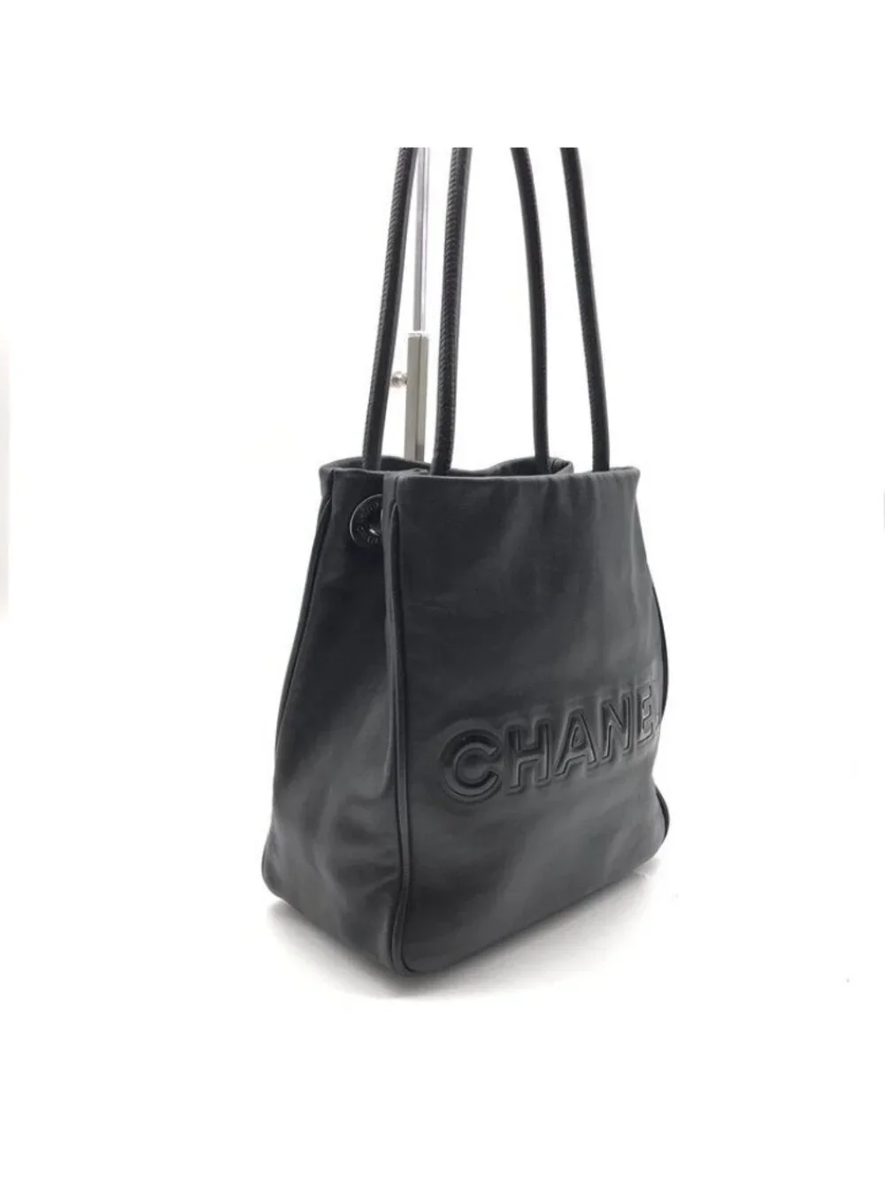 Chanel CC Logo Camellia Tote Shoulder Bag Leather Black